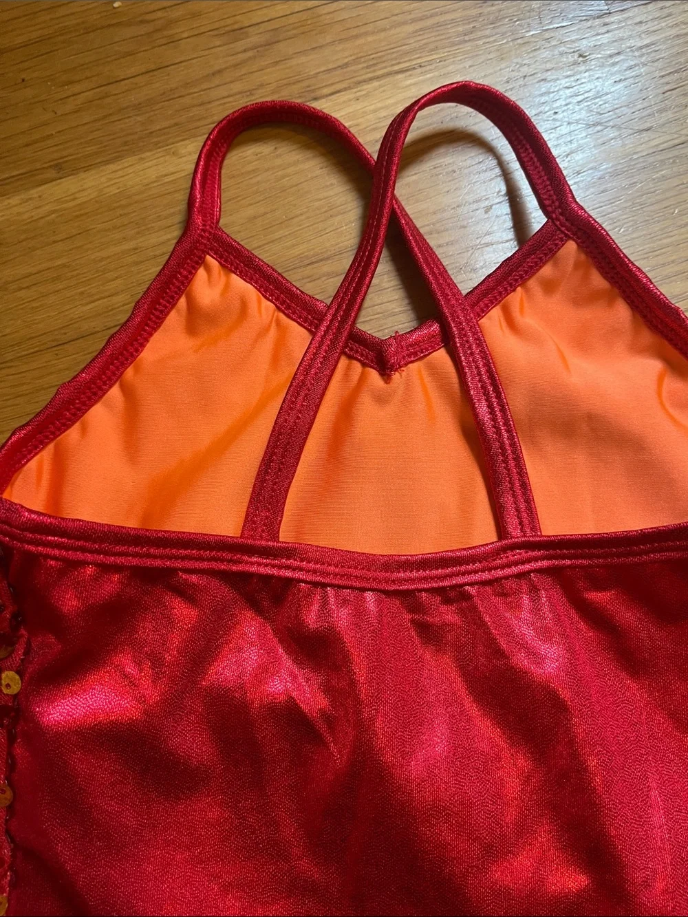 Girls Red and Orange Sequin Dance Costume with Heart Accent